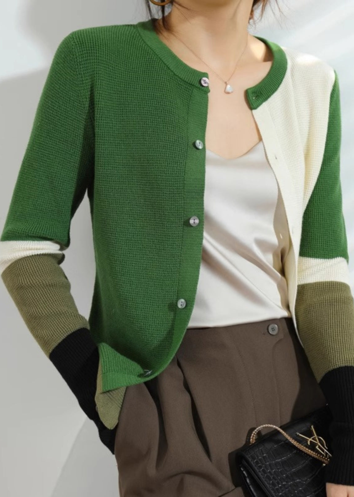 Green Patchwork Button Cotton Knitted Cardigans Fall