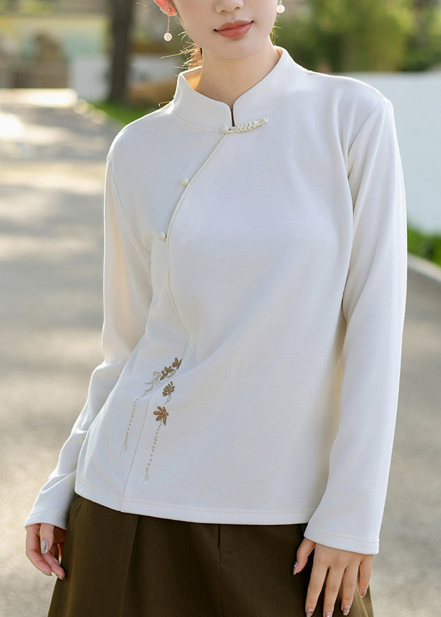 Chinese Style White Stand Collar Embroideried Cotton T Shirts Spring