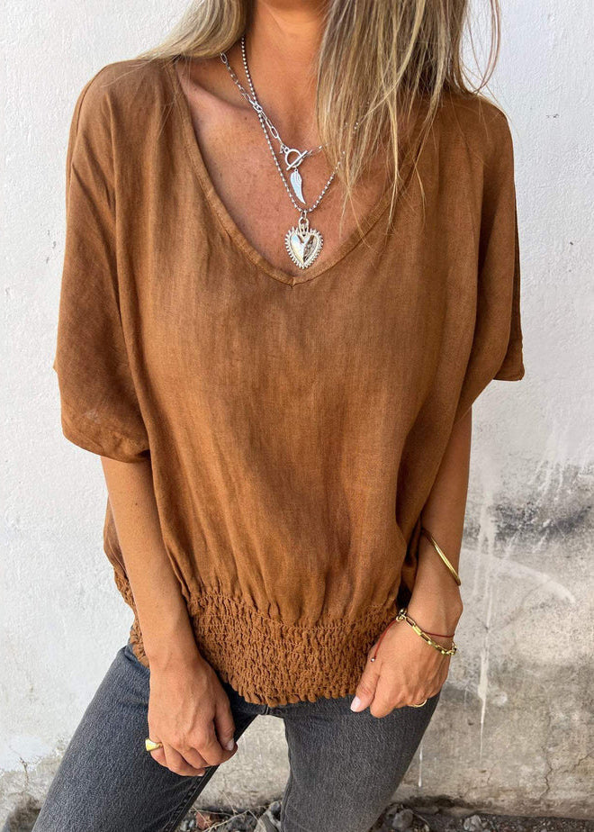 Simple Style White V Neck Cotton T Shirt Top Summer