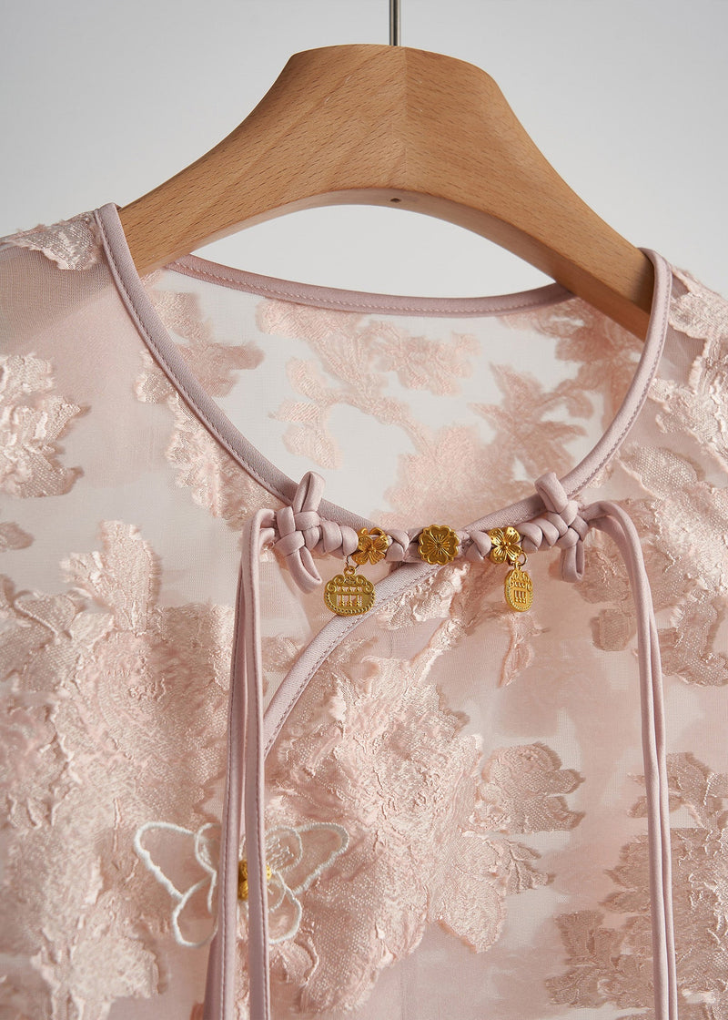 Pink Ruffled Jacquard Silk Vest Sleeveless