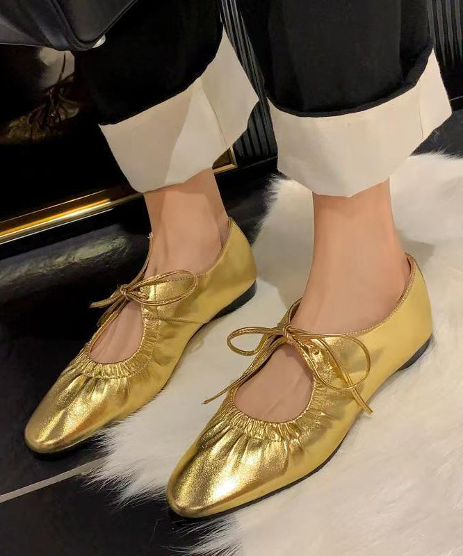 Gold Lace Up Faux Leather Splicing Flat Shoes