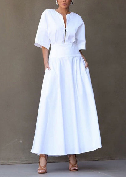 Boutique White Zip Up Pockets Patchwork Cotton Dresses Summer