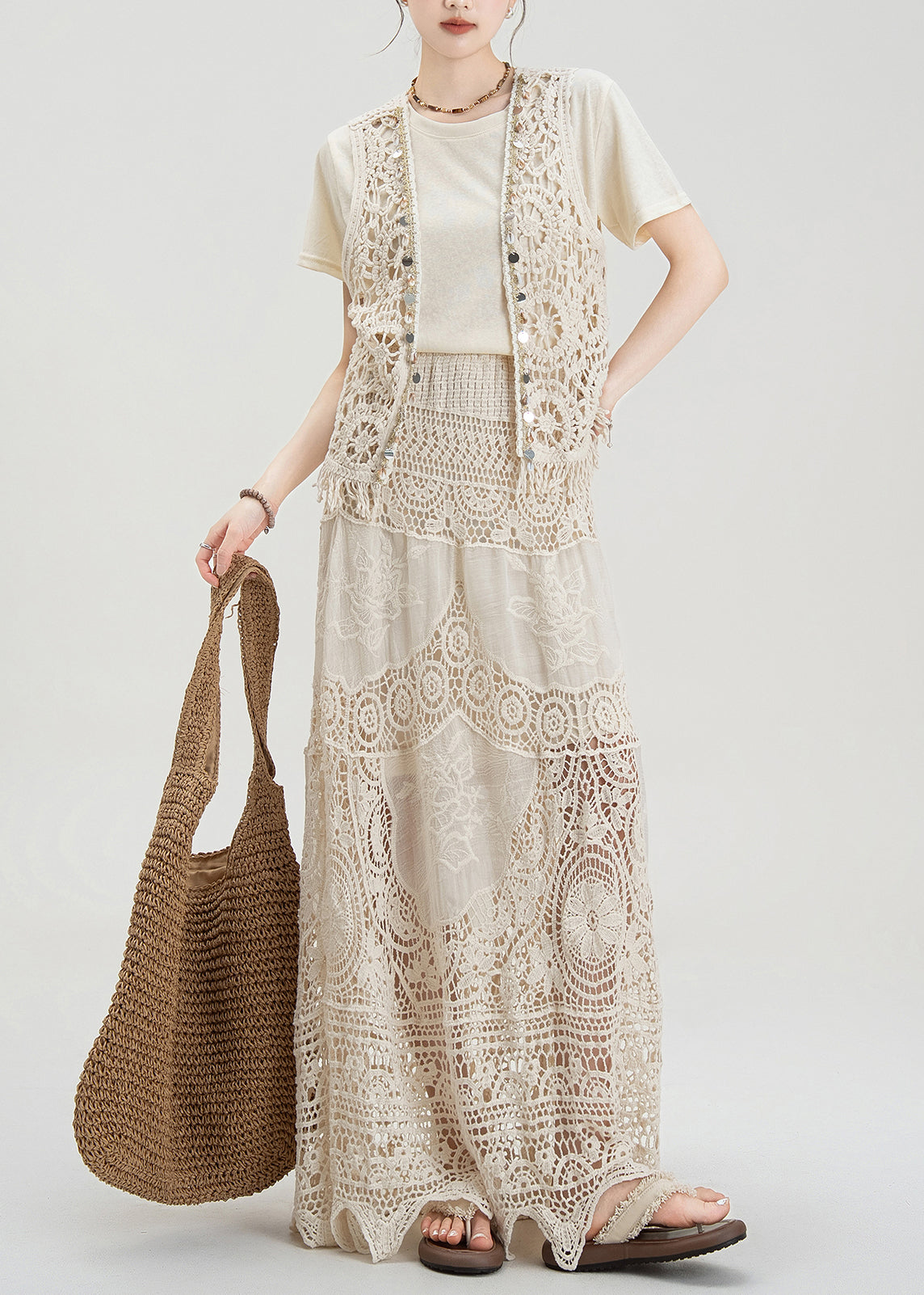 Apricot Hollow Hook Flower Vest T-shirt Skirt Set Summer