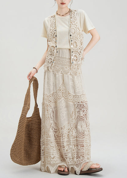 Apricot Hollow Hook Flower Vest T-shirt Skirt Set Summer