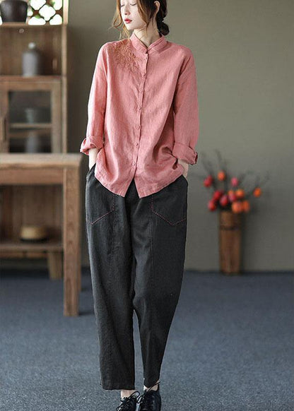 Pink Button Embroidered Fall Linen Tops Long Sleeve