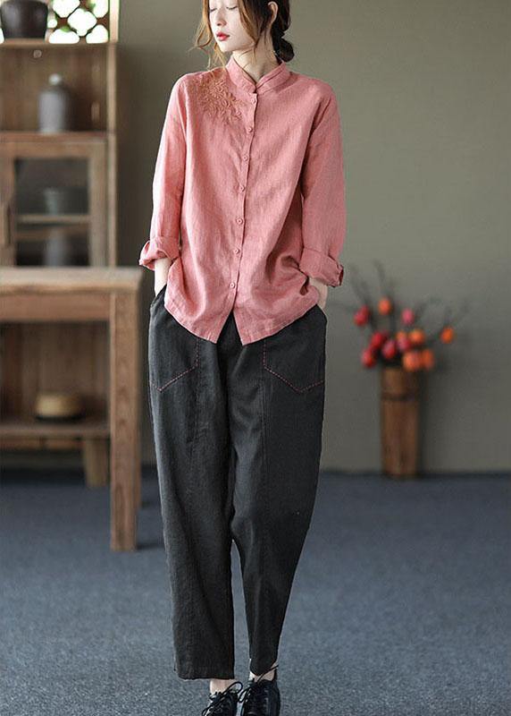 Pink Button Embroidered Fall Linen Tops Long Sleeve