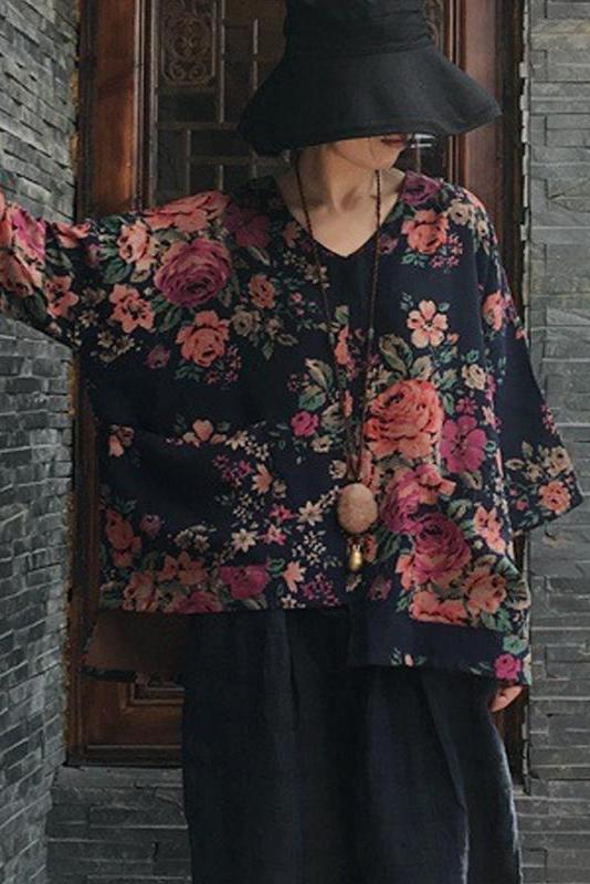 Limited Stock- Print V-neck Long Sleeve Cotton Blouse