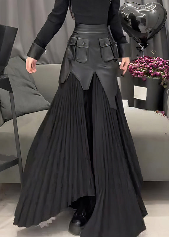 Black Pu Patchwork Wrinkled a Line Skirt Summer