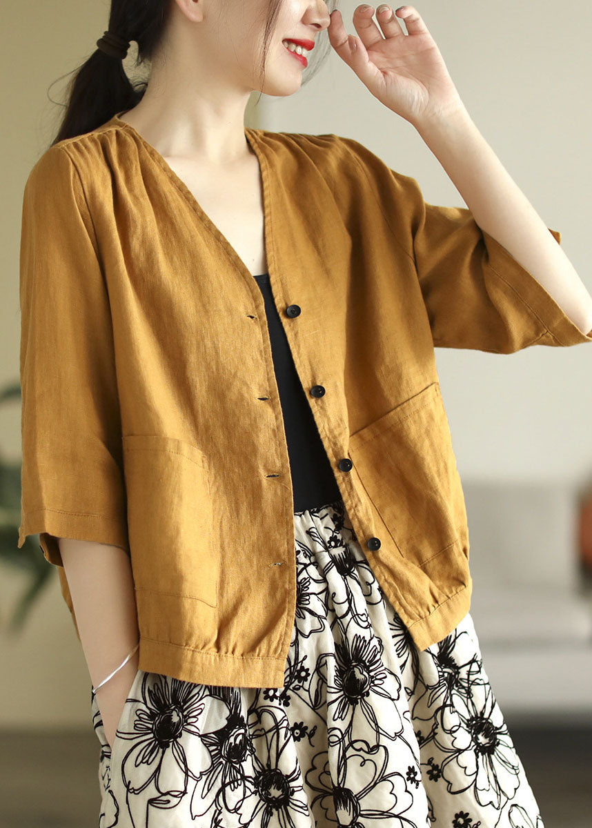 Yellow V Neck Pockets Linen Shirt Tops Half Sleeve