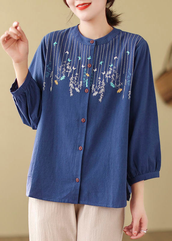 Loose Blue Embroidered Linen Blouses Long Sleeve