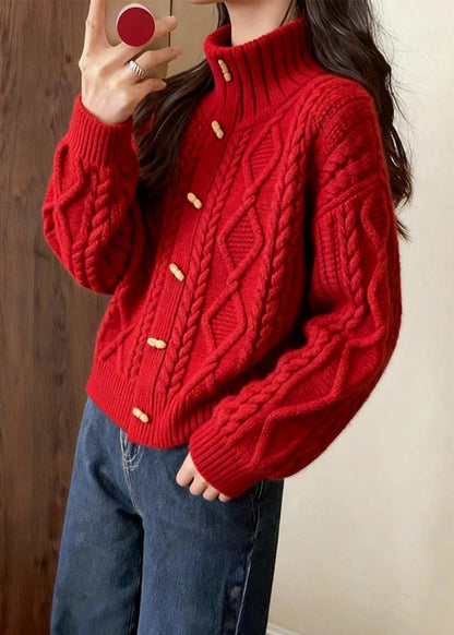 Red Stand Collar Cable Knit Cardigan Winter