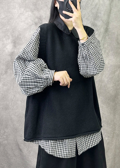 Cozy Black O Neck Knit Vest Tops Sleeveless