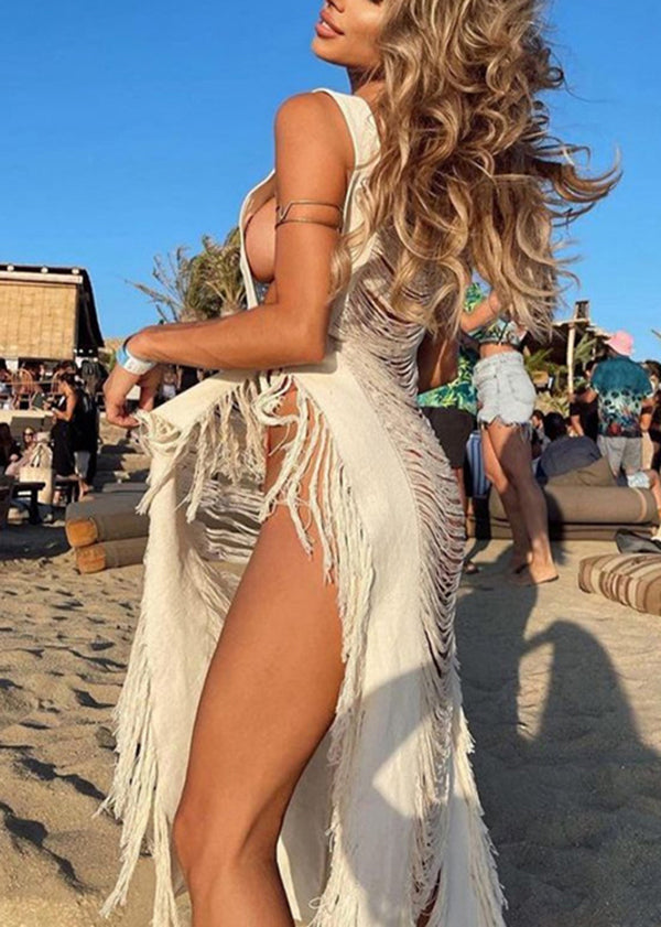 White Tassel Hollow Out Beach Knit Dress Summer