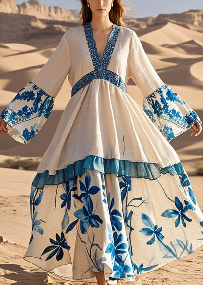 Apricot V Neck Patchwork Print Cotton Holiday Dress Fall