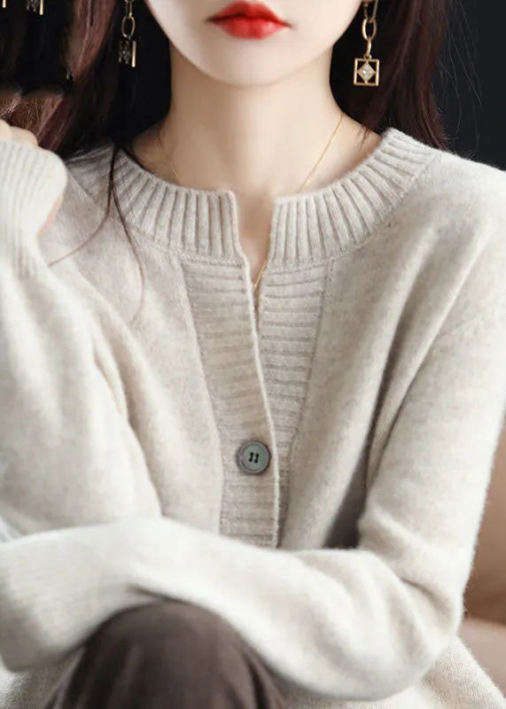 White O-neck Button Woolen Knit Coat Outwear Winter