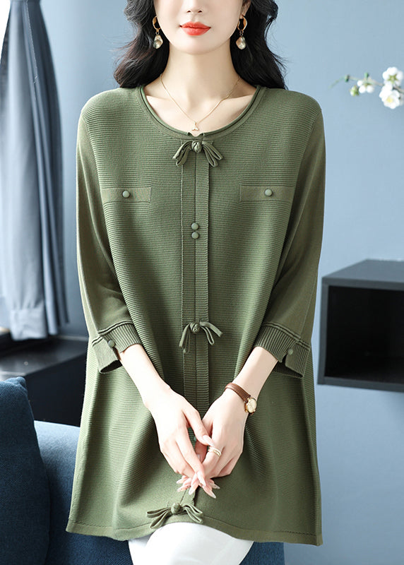 Green O Neck Bow Patchwork Knit Top Bracelet Sleeve