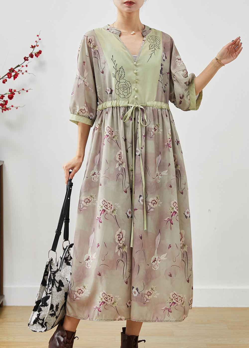Khaki Print Patchwork Linen Cinched Dress Summer