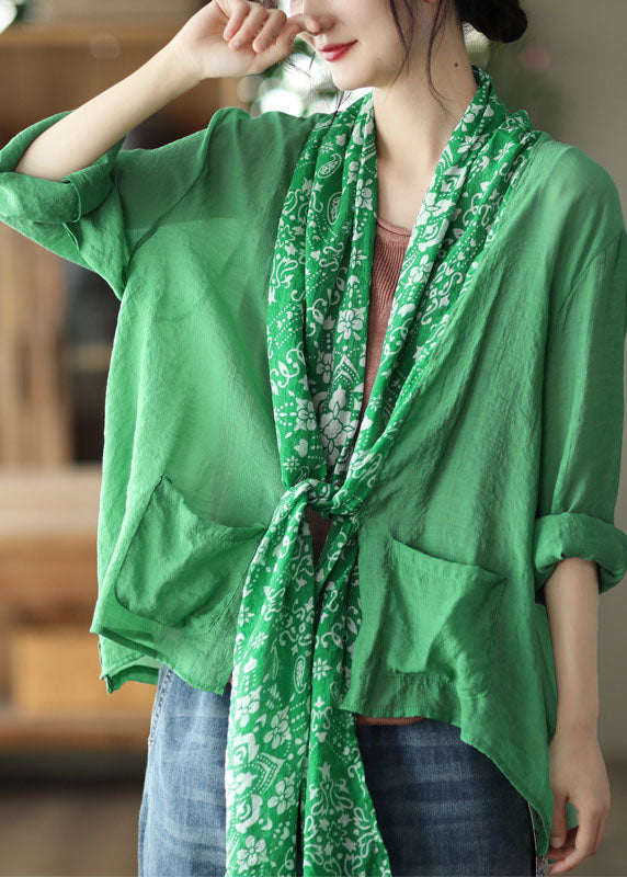 Simple Green Asymmetrical Design Linen Upf 50+ Coat Long Sleeve