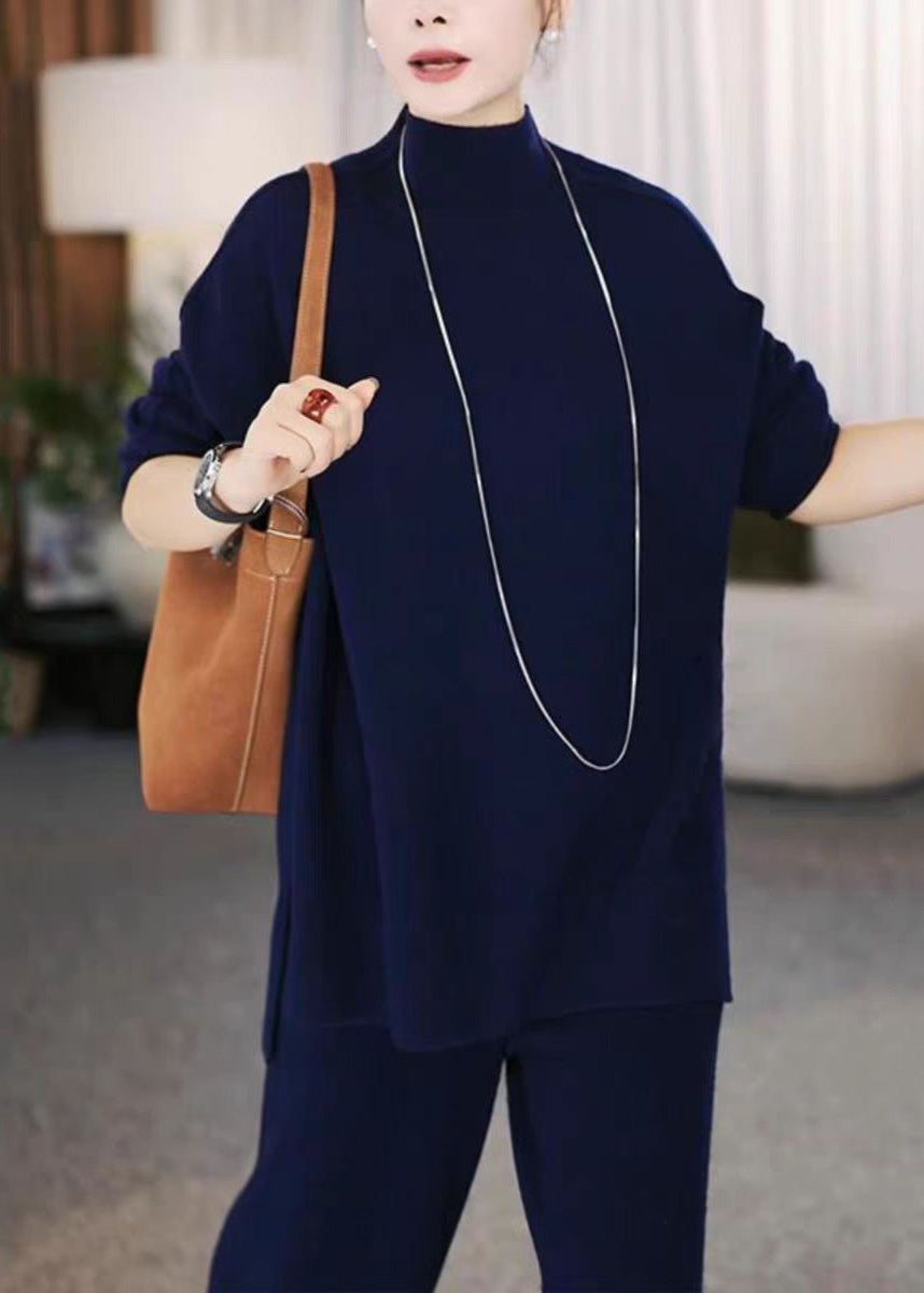 Loose Navy Turtleneck Cotton Knit Sweaters and Wide Leg Pants Two Piece Set Winter