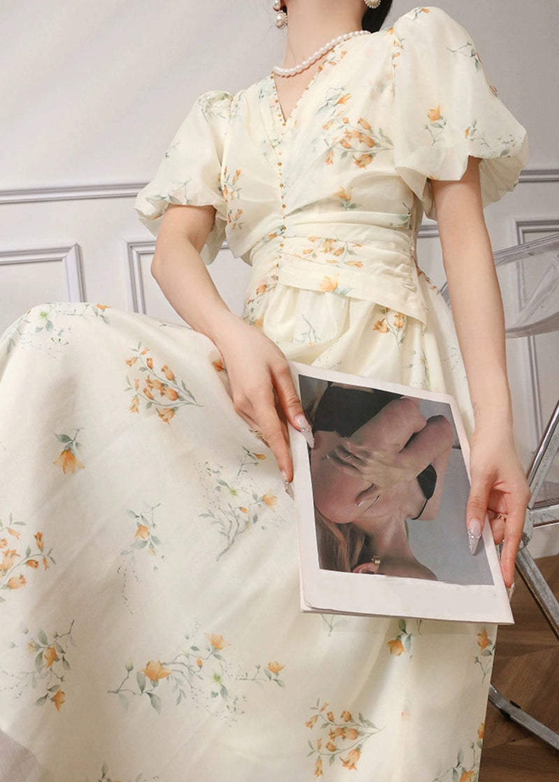 Apricot Print High Waist Chiffon Dress Summer