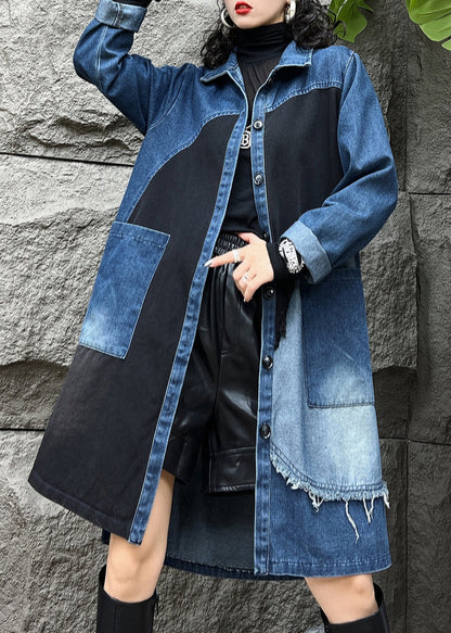 Blue Peter Pan Collar Button Pockets Denim Long Trench Coats Fall