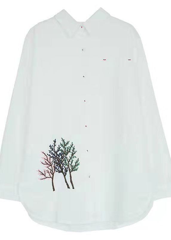 Organic White Peter Pan Collar Embroidered Cotton Shirt Top Long Sleeve