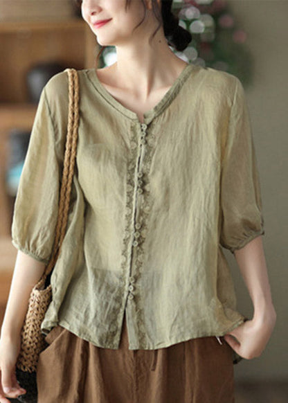 Loose V Neck Embroidered Button Linen Shirt Half Sleeve