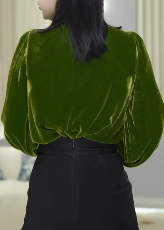 Boutique Green Ruffled Velour Blouse Tops Fall