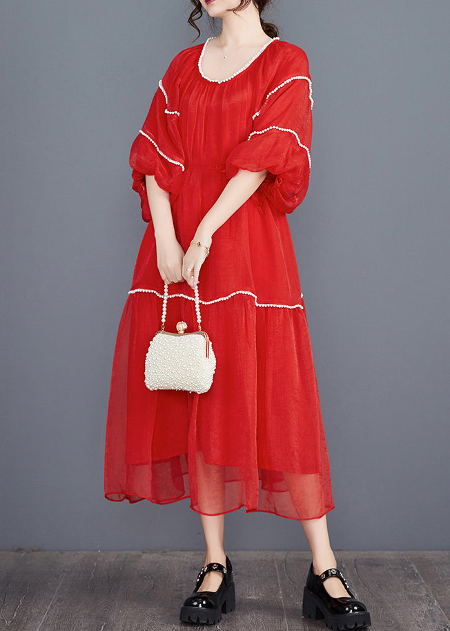 Red O-neck Patchwork Holiday Dress Summer
