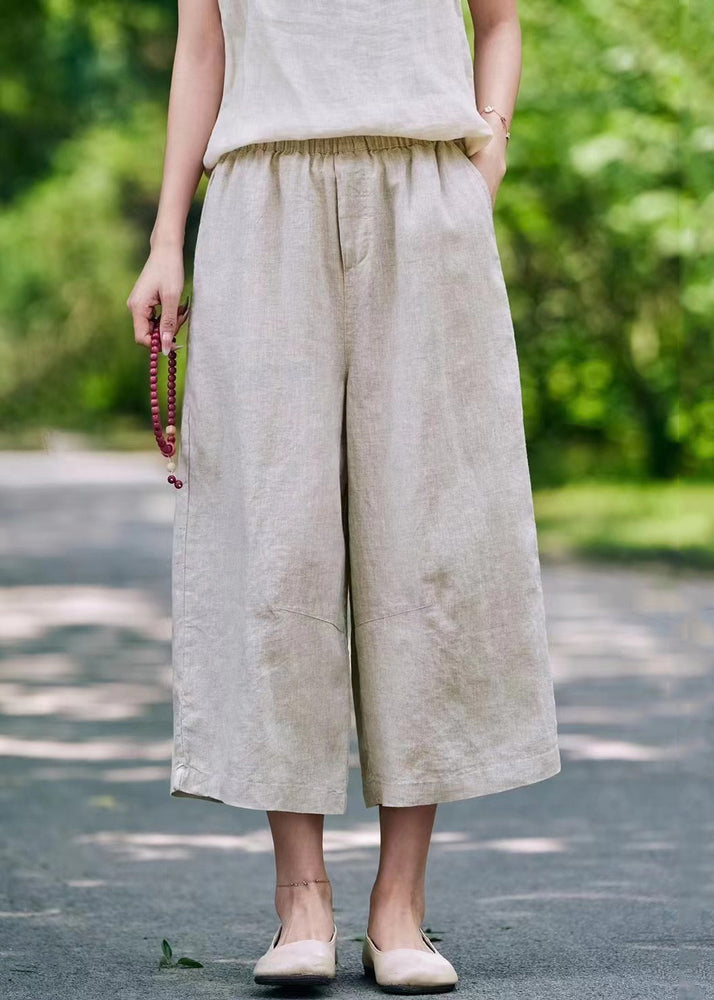 Linen Pockets Elastic Waist Linen Crop Pants Summer