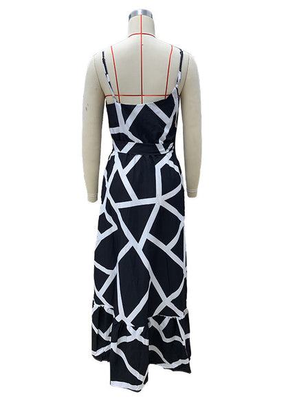 Stylish Black Print Lace Up Side Open Cotton Long Dresses Summer