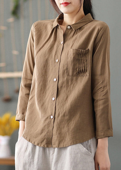 Pink Peter Pan Collar Patchwork Button Low High Design Linen Shirt Long Sleeve