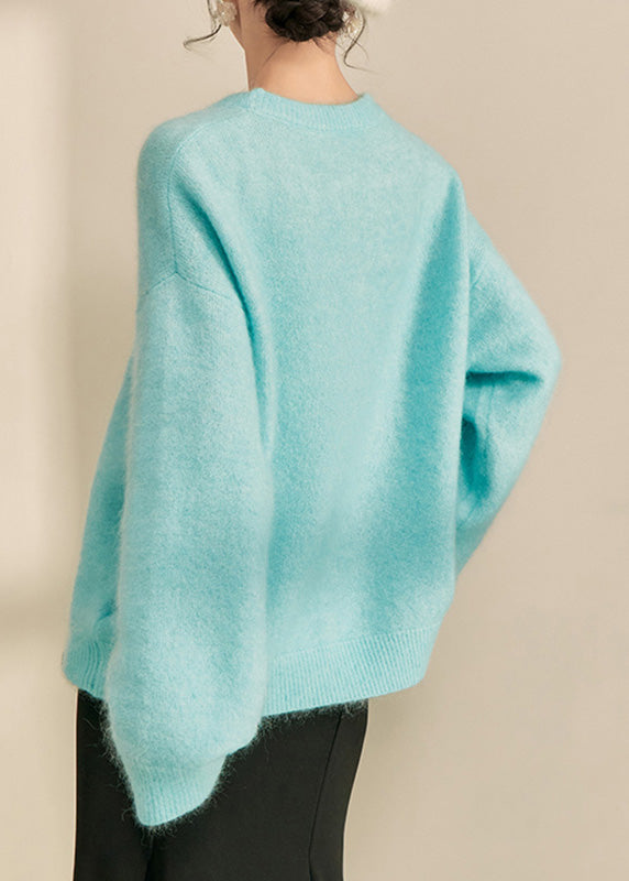 Blue Print Patchwork Thick Cotton Knit Sweater Long Sleeve