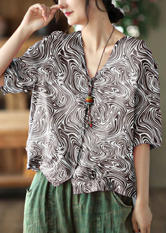 Italian Pink Flowers V Neck Print Button Linen Top Half Sleeve