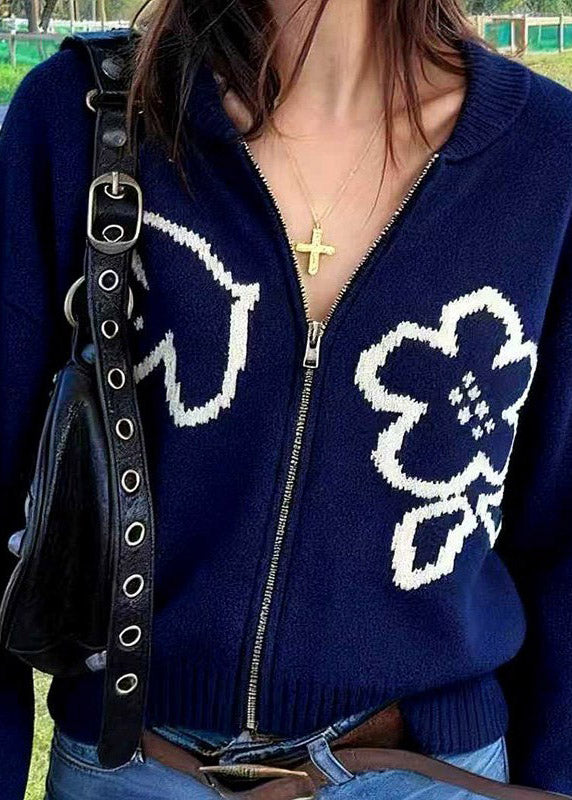 Navy Zip Up Knit Loose Coat Spring