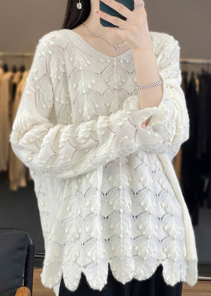 Light Camel V Neck Hollow Out Woolen Knit Sweaters Fall