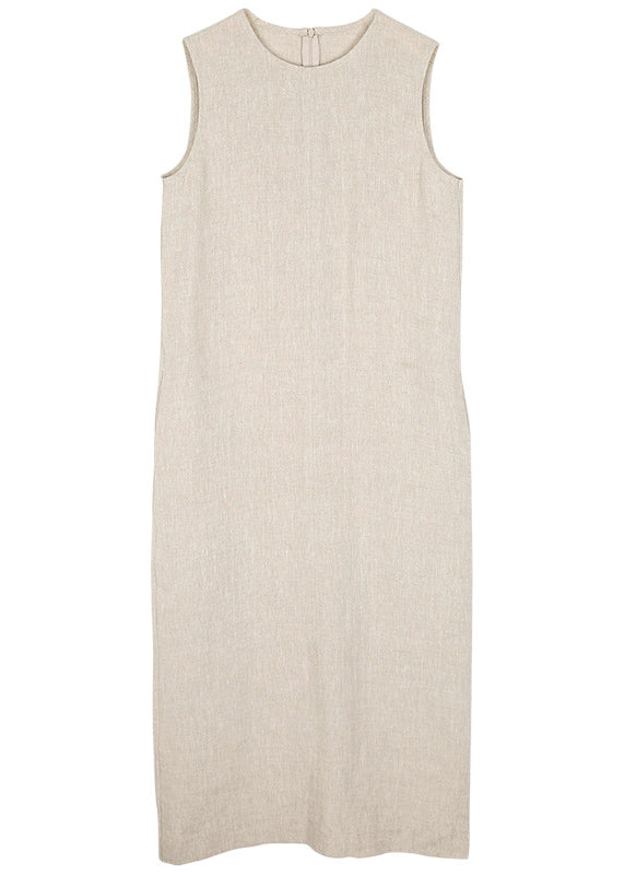O Neck Pockets Simple Linen Long Dress Sleeveless