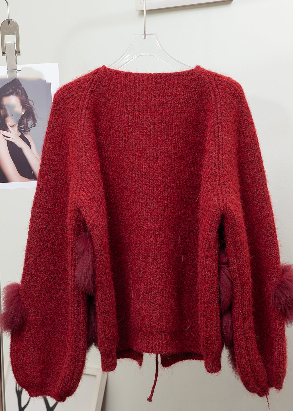 Lantern Red V Neck Tie Waist Mink Hair Knitted Cardigan Long Sleeve