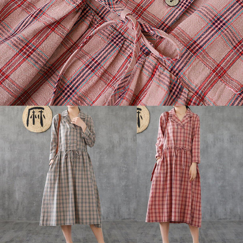 Loose Pink Plaid Linen Cotton Clothes Notched Drawstring Cotton Dress