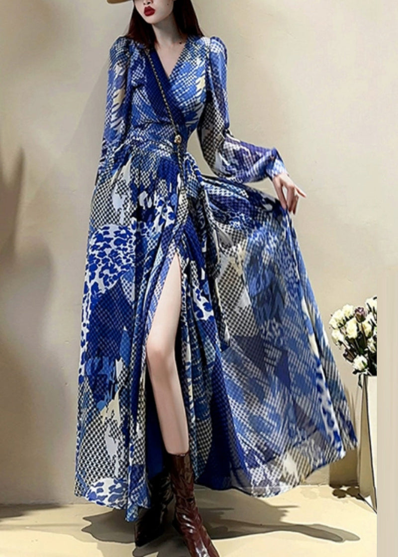 Blue V Neck Print Drawstring Maxi Dress Lantern Sleeve