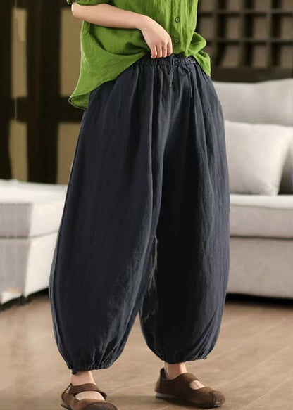 Green Laceup Linen Summer Crop Pants Elastic Waist