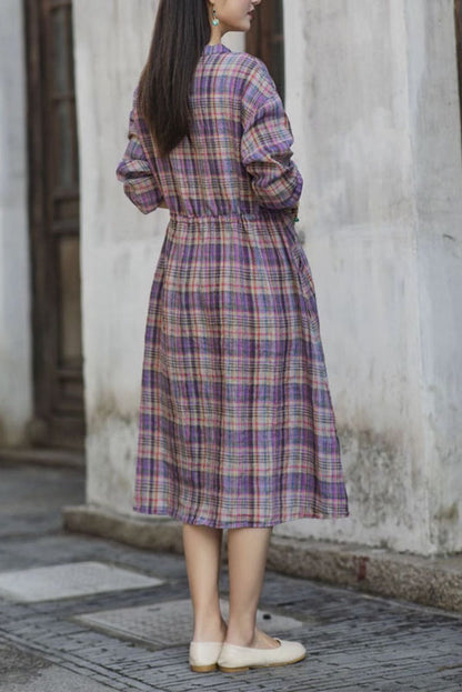 -new Cotton Linen Plaid Dress Long Skirt