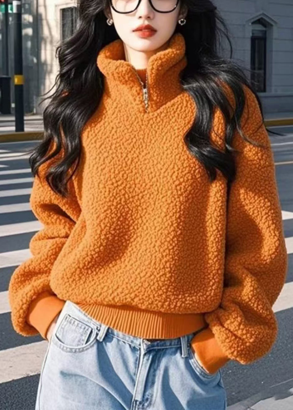 Orange Stand Collar Zip Up Fluffy Sweatshirt Winter