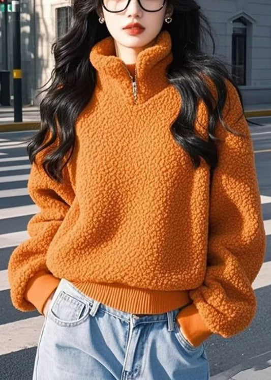 Orange Stand Collar Zip Up Fluffy Sweatshirt Winter