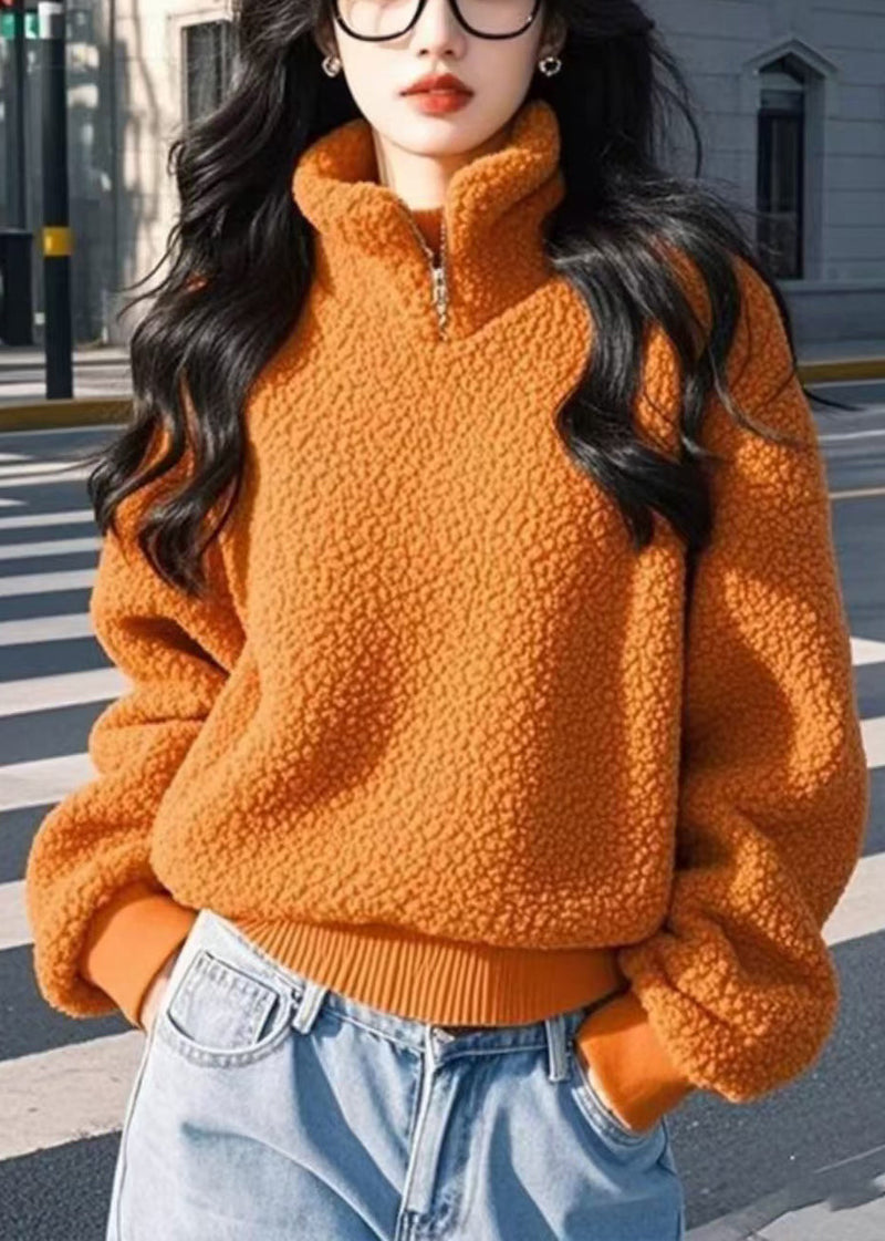 Orange Stand Collar Zip Up Fluffy Sweatshirt Winter