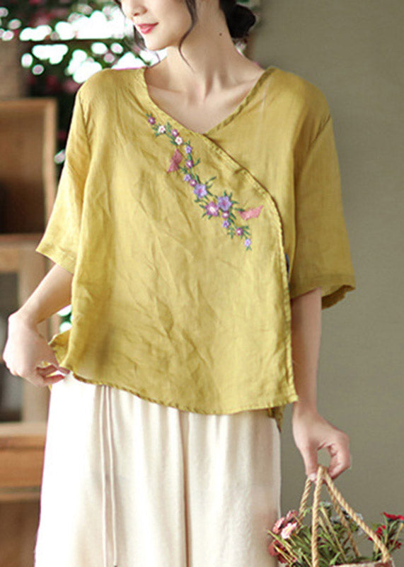 Unique Yellow V Neck Embroidered Linen T Shirt Half Sleeve