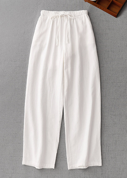 Simple White Pockets Elastic Waist Cotton Pants Summer