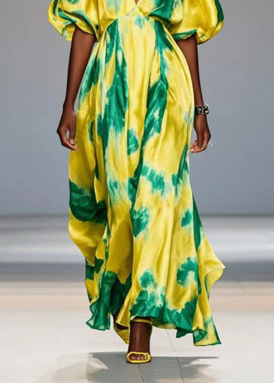 Yellow Cold Shoulder Print Silk Maxi Dresses Lantern Sleeve