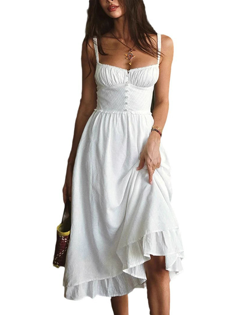 French Holiday Style White Wrinkled Cotton Spaghetti Strap Dress Summer