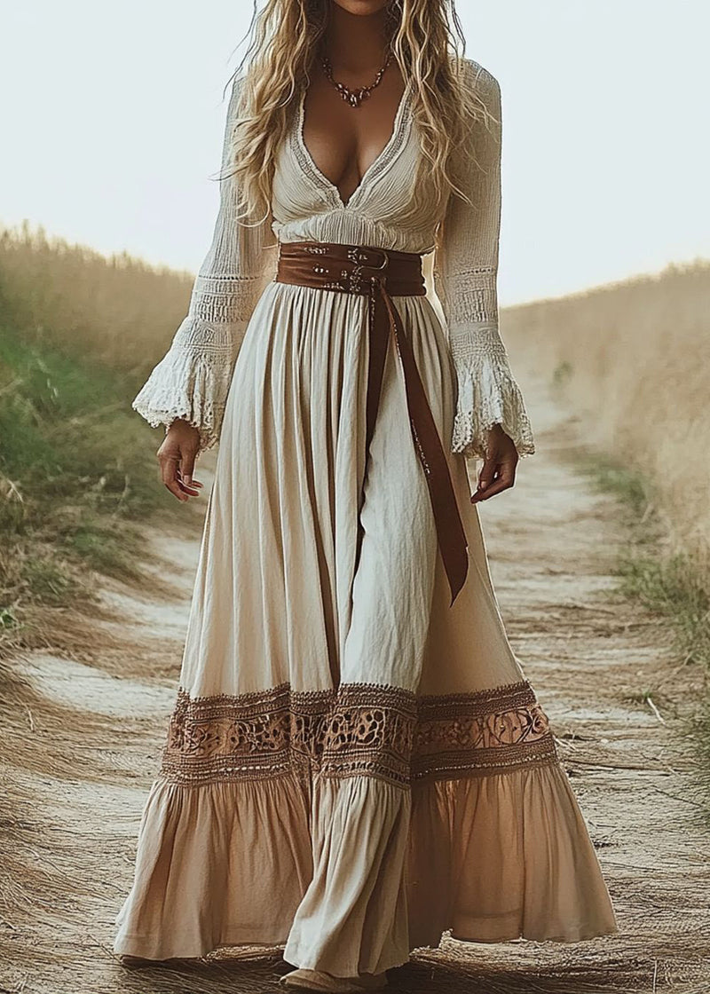 Beige V Neck Patchwork Cotton Long Dresses Flare Sleeve